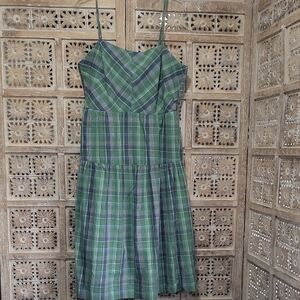 Green Plaid Spaghetti Strap Bow Back Tiered  Dress Sz L